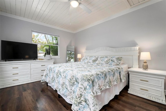 bedroom with ceiling fan, ornamental molding, dark hardwood / wood-style flooring, and wooden ceiling