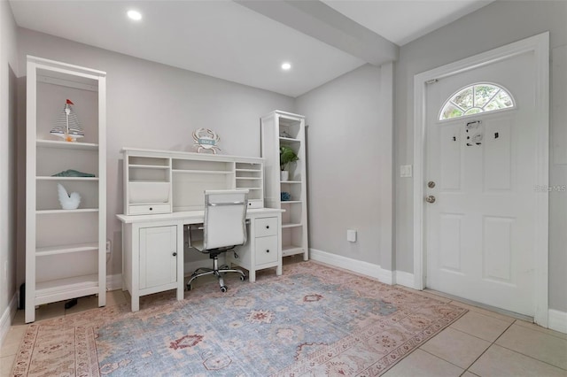 tiled home office with beam ceiling