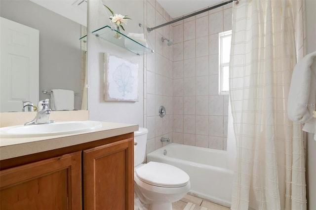 full bathroom with vanity, shower / bath combination with curtain, and toilet