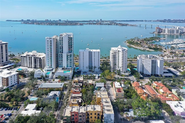 drone / aerial view with a water view