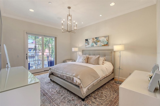 bedroom with access to exterior, dark wood-type flooring, and ornamental molding