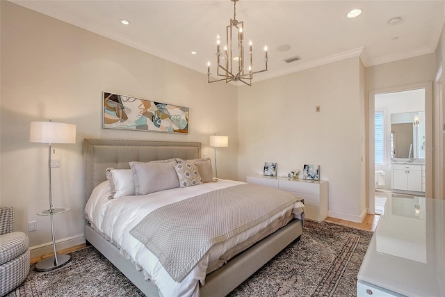 bedroom featuring an inviting chandelier, crown molding, and dark wood-type flooring