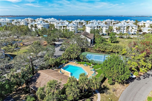 bird's eye view with a water view