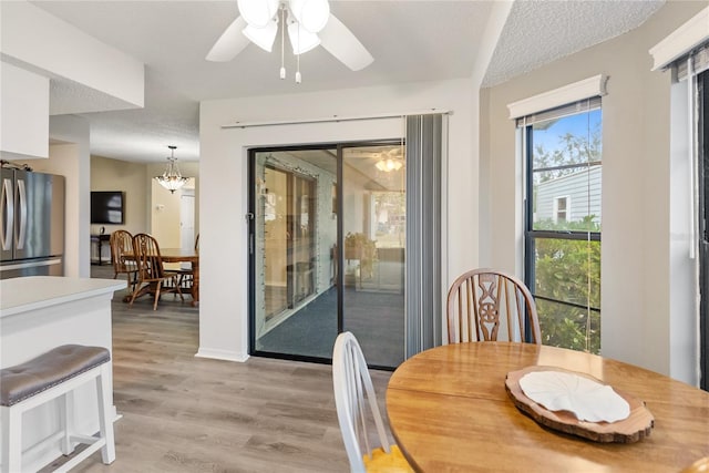 dining space featuring ceiling fan with notable chandelier, light hardwood / wood-style flooring, and a textured ceiling