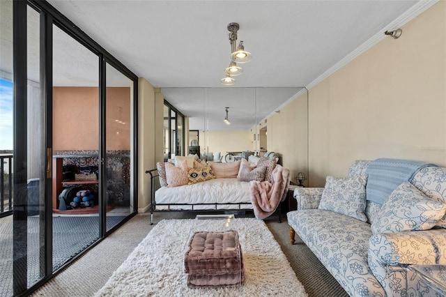 carpeted bedroom featuring crown molding and floor to ceiling windows