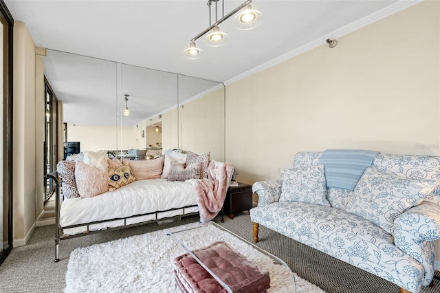 living room with ornamental molding and light carpet