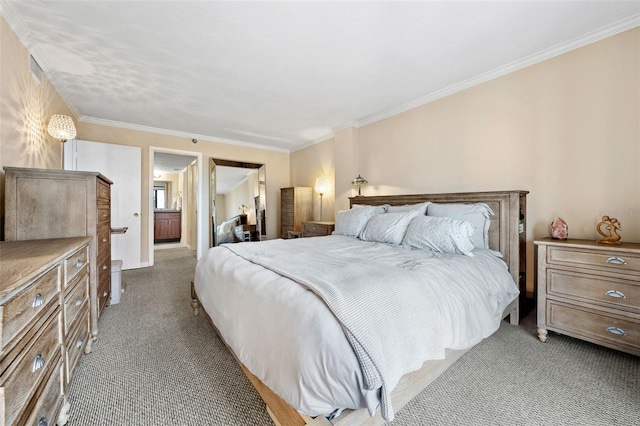 carpeted bedroom featuring crown molding