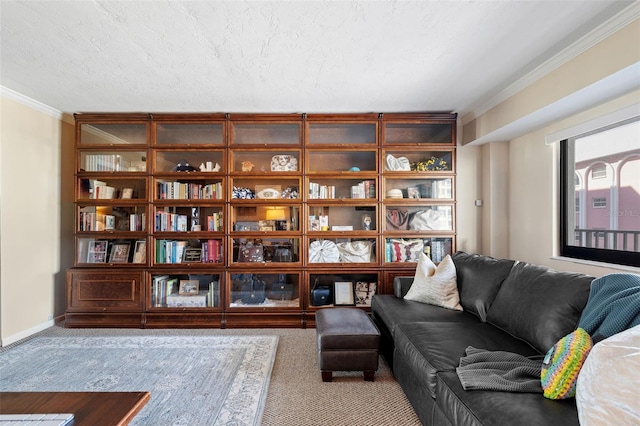 sitting room featuring crown molding, carpet floors, and a textured ceiling