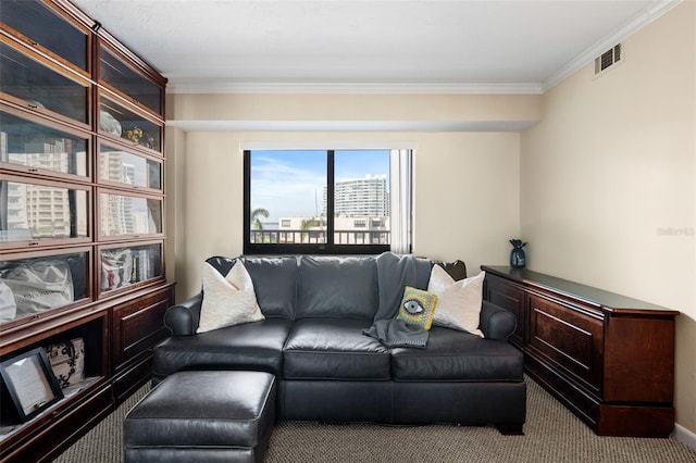 carpeted living room featuring crown molding