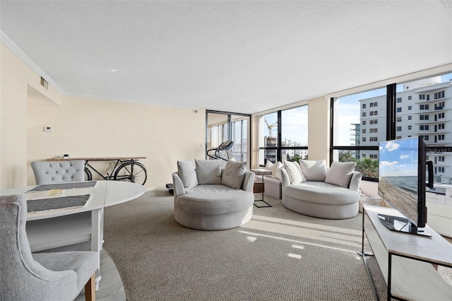 11 Sunset Dr Unit 406, Sarasota, FL 34236 - carpeted living area with visible vents, baseboards, and crown molding