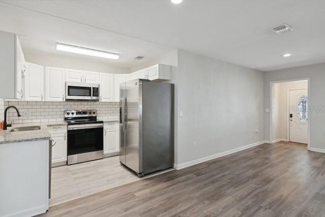 kitchen featuring appliances with stainless steel finishes, white cabinetry, sink, backsplash, and light hardwood / wood-style flooring