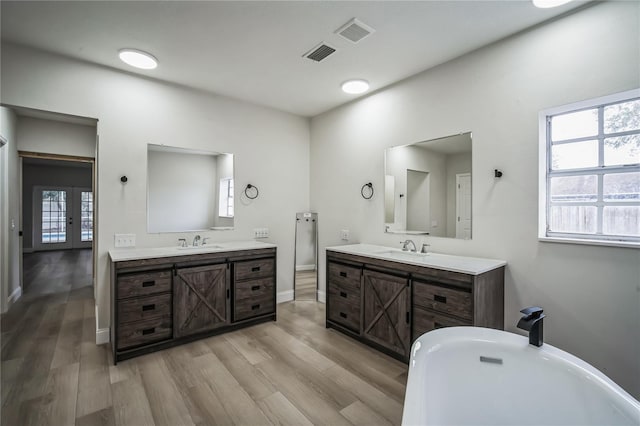 bathroom featuring vanity, hardwood / wood-style flooring, and plenty of natural light