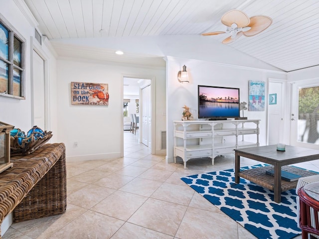 living room with lofted ceiling, light tile patterned floors, wooden ceiling, and ceiling fan