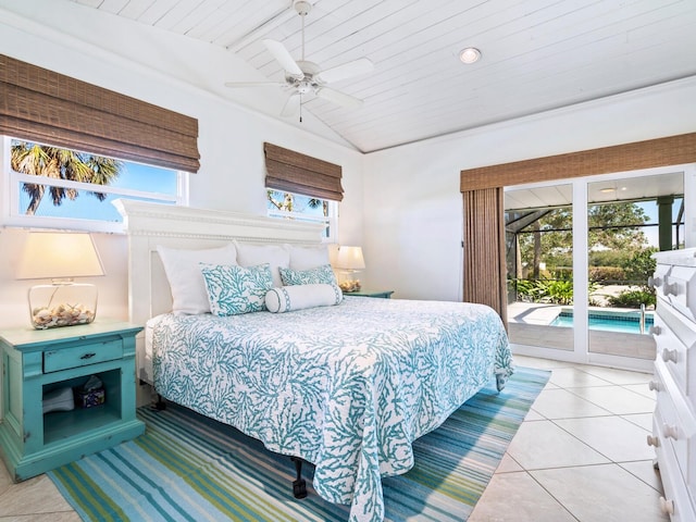 tiled bedroom featuring wooden ceiling, vaulted ceiling, multiple windows, and access to outside