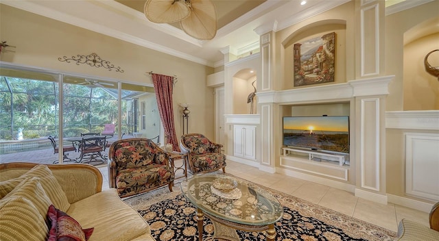 tiled living room featuring crown molding and ceiling fan