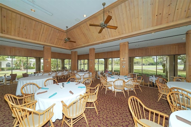 dining area with wooden walls, lofted ceiling, carpet flooring, and wooden ceiling