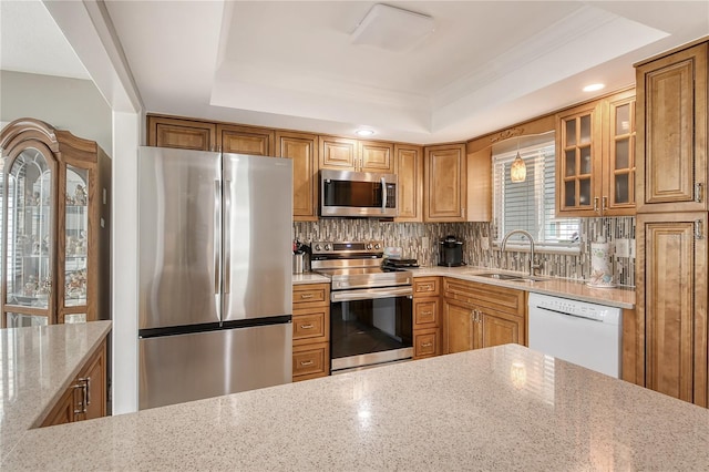 kitchen with appliances with stainless steel finishes, a raised ceiling, sink, and hanging light fixtures