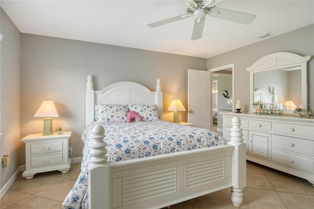 bedroom featuring light tile patterned flooring and ceiling fan