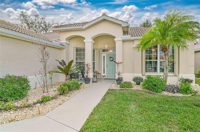 property entrance featuring a lawn