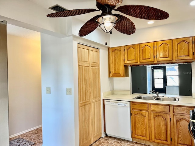 kitchen featuring sink, dishwasher, and ceiling fan