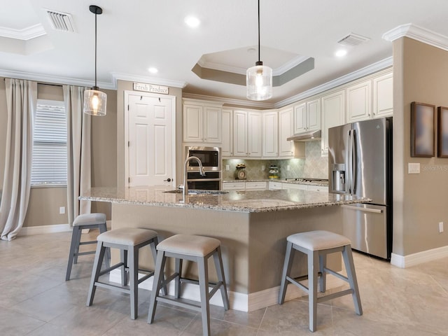 kitchen featuring appliances with stainless steel finishes, a tray ceiling, cream cabinets, and stone counters