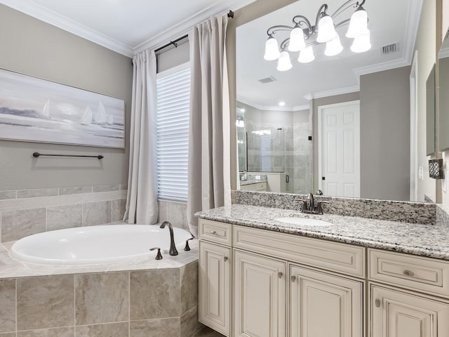 bathroom with vanity, ornamental molding, and shower with separate bathtub