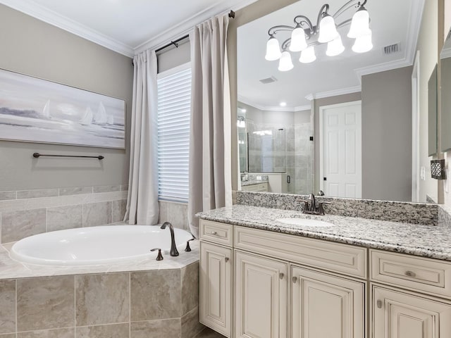 17459 Hickok Belt Loop, Bradenton, FL 34211 - full bath with a stall shower, a garden tub, vanity, crown molding, and a chandelier