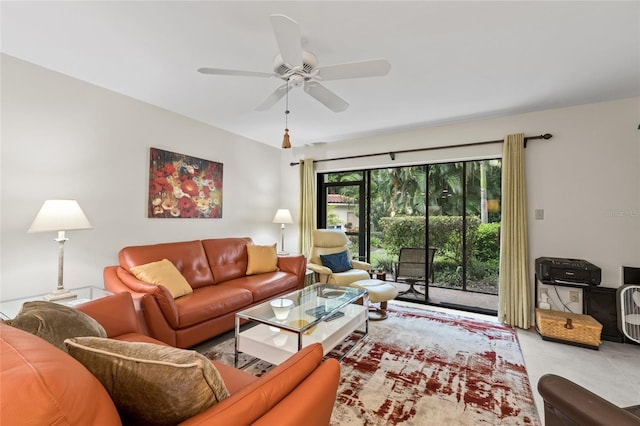 living room featuring ceiling fan