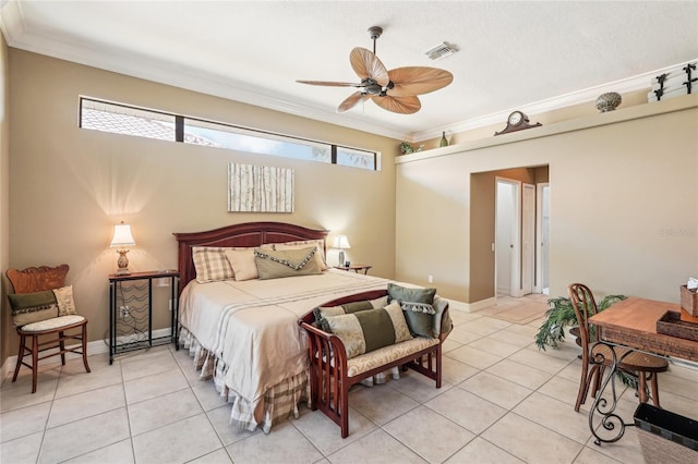 bedroom with ornamental molding, light tile patterned floors, and ceiling fan