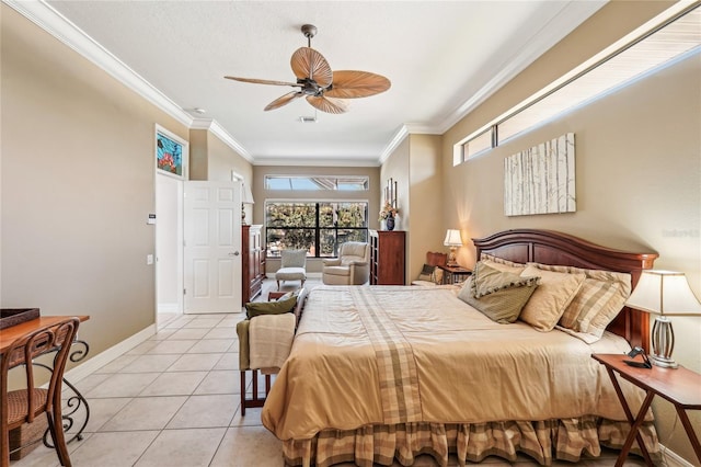 bedroom featuring ceiling fan, ornamental molding, and light tile patterned floors