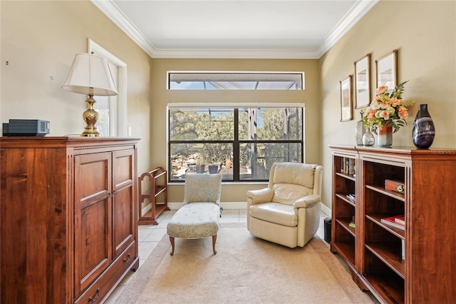 living area with crown molding