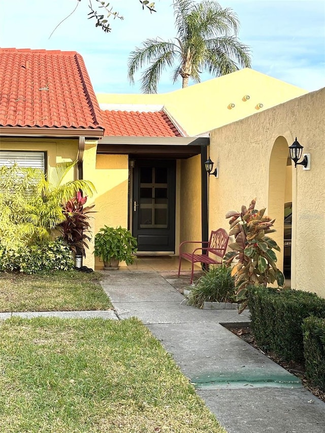 entrance to property featuring a yard