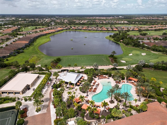 birds eye view of property featuring a water view and golf course view