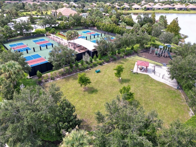 drone / aerial view with a water view