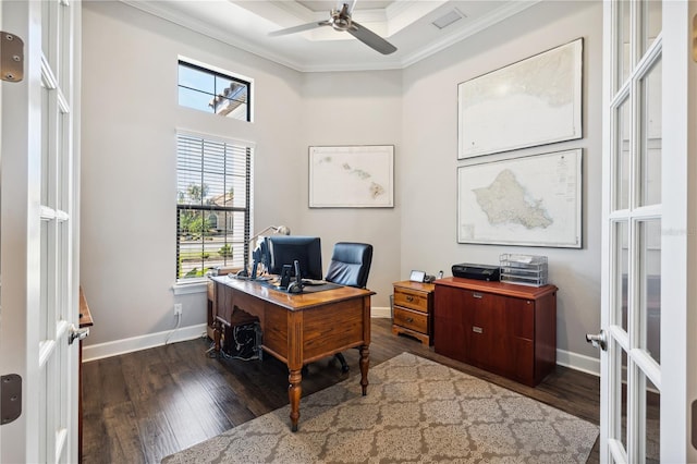 office area featuring plenty of natural light, a ceiling fan, ornamental molding, and wood finished floors
