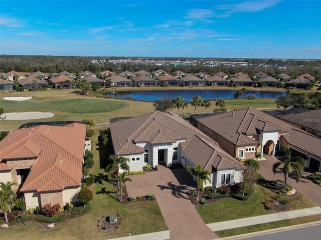 aerial view with a water view and a residential view