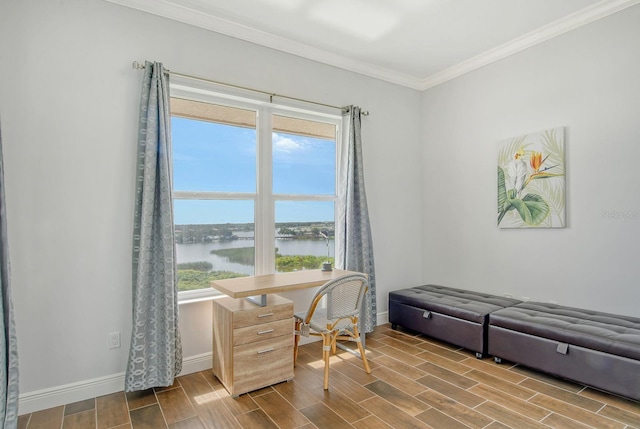 home office with a water view, plenty of natural light, wood tiled floor, and baseboards