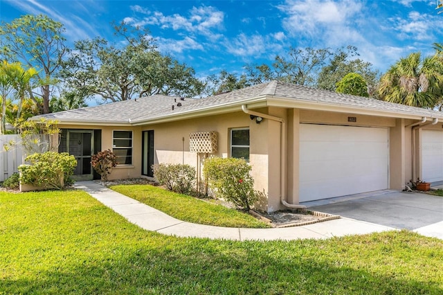 ranch-style house featuring a garage and a front yard