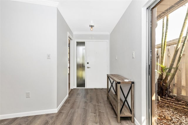 foyer with hardwood / wood-style flooring and ornamental molding