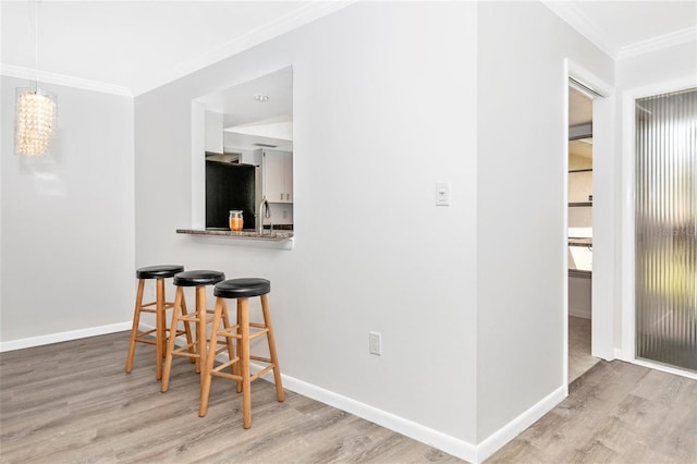 interior space featuring sink, crown molding, and light wood-type flooring