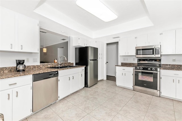 kitchen with sink, a tray ceiling, stainless steel appliances, and white cabinets