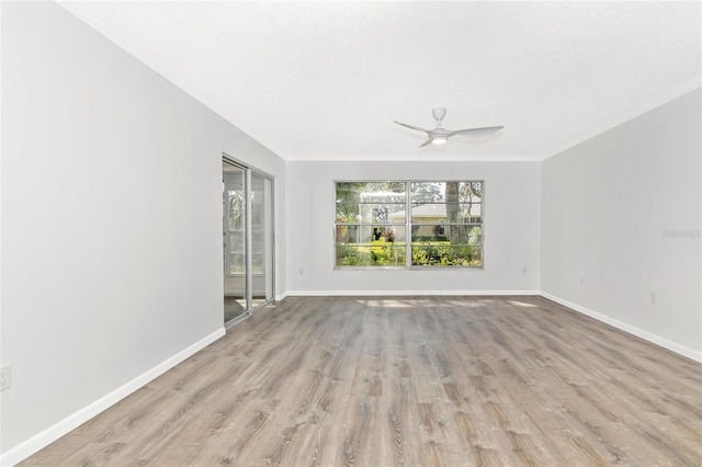 unfurnished living room featuring crown molding, a textured ceiling, ceiling fan, and light hardwood / wood-style flooring