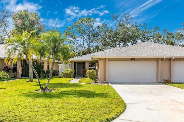 ranch-style home with a garage and a front lawn