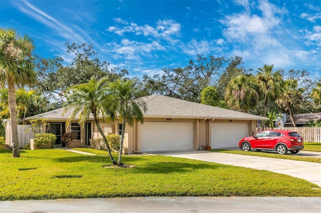 ranch-style home with a garage and a front lawn