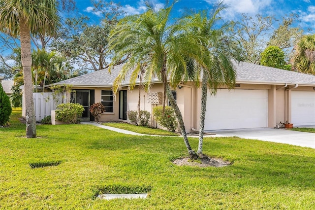 single story home with a garage and a front lawn