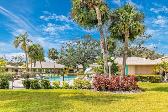 view of pool with a yard