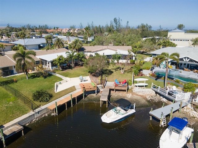 aerial view featuring a water view