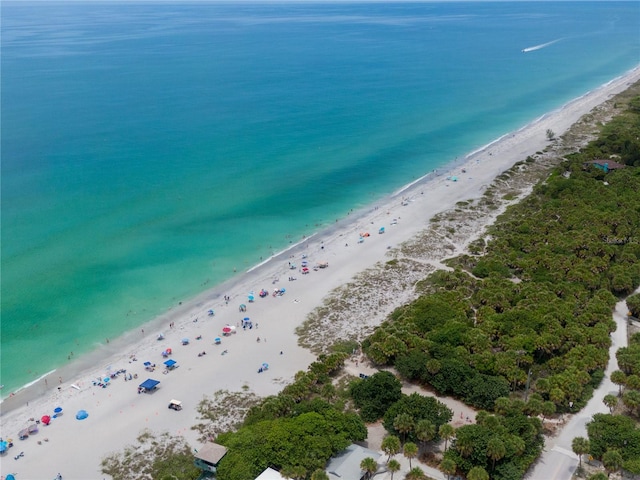 drone / aerial view with a water view and a beach view