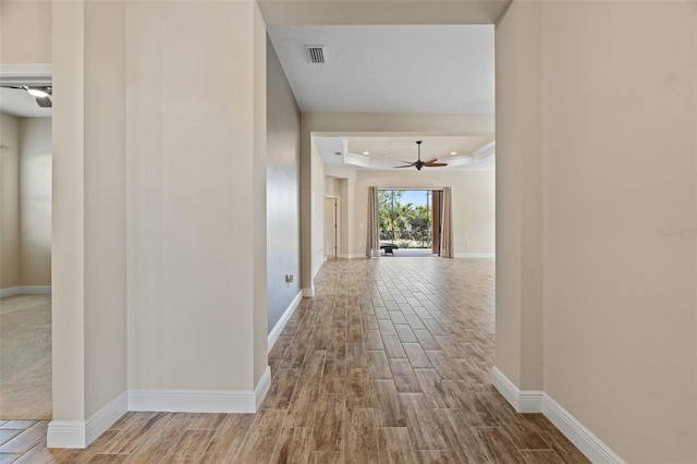 hall with a tray ceiling