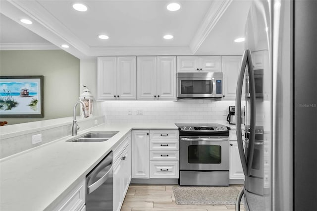 kitchen featuring sink, crown molding, stainless steel appliances, and white cabinets